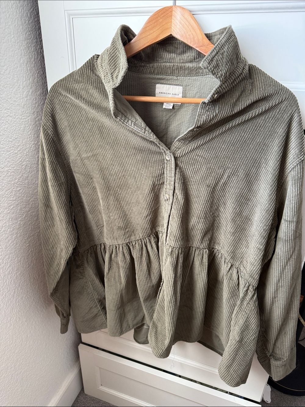 American Eagle Outfitters Olive Green Corduroy Peplum Button-Up Top